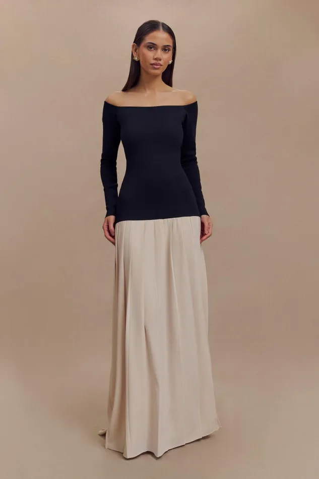 Women Meshki Dresses Presley Contrast Knit Off Shoulder Maxi Dress 8211 Navy And Cream