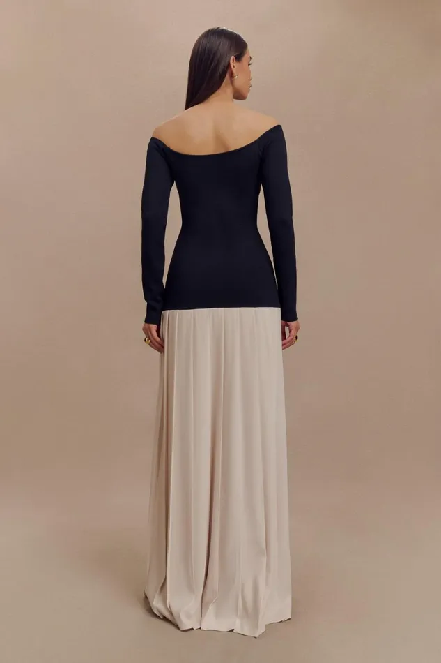 Women Meshki Dresses Presley Contrast Knit Off Shoulder Maxi Dress 8211 Navy And Cream