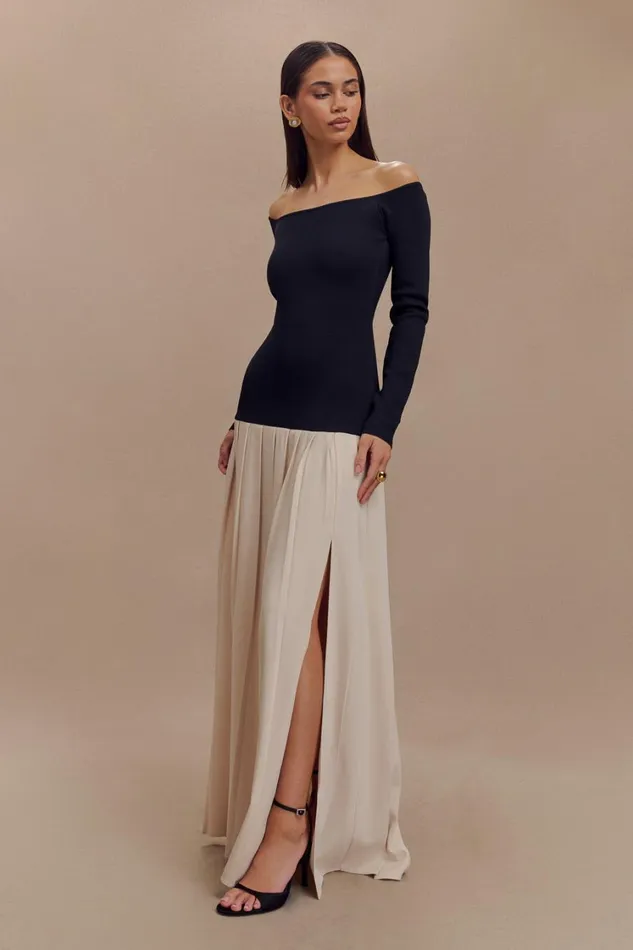 Women Meshki Dresses Presley Contrast Knit Off Shoulder Maxi Dress 8211 Navy And Cream