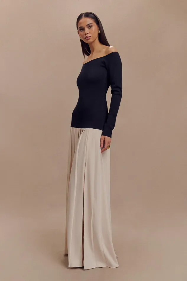 Women Meshki Dresses Presley Contrast Knit Off Shoulder Maxi Dress 8211 Navy And Cream