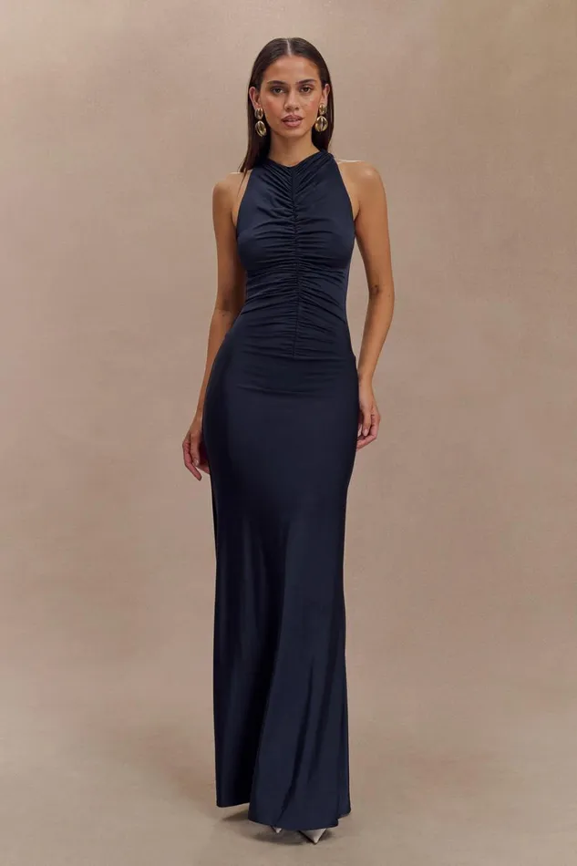 Women Meshki Dresses Priya Slinky Ruched Halter Maxi Dress 8211 Navy