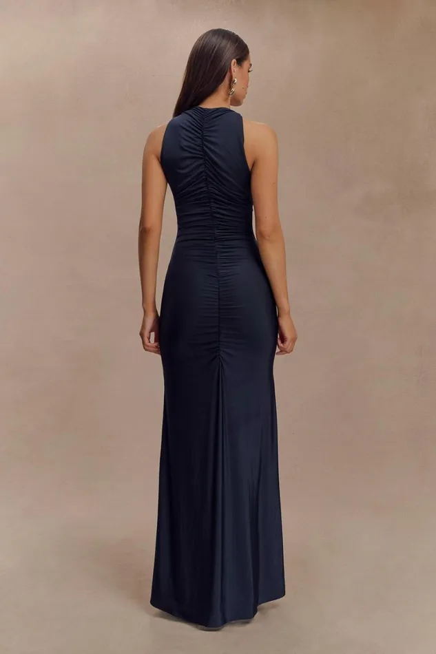 Women Meshki Dresses Priya Slinky Ruched Halter Maxi Dress 8211 Navy
