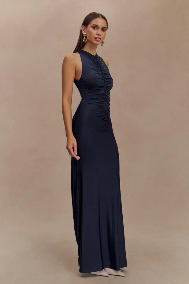 Women Meshki Dresses Priya Slinky Ruched Halter Maxi Dress 8211 Navy
