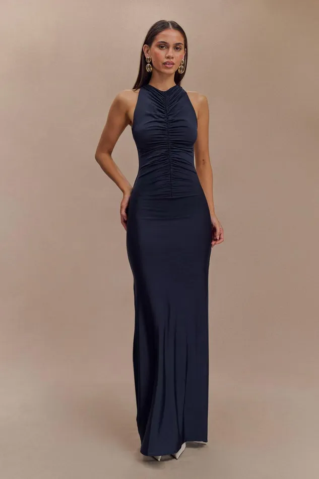 Women Meshki Dresses Priya Slinky Ruched Halter Maxi Dress 8211 Navy