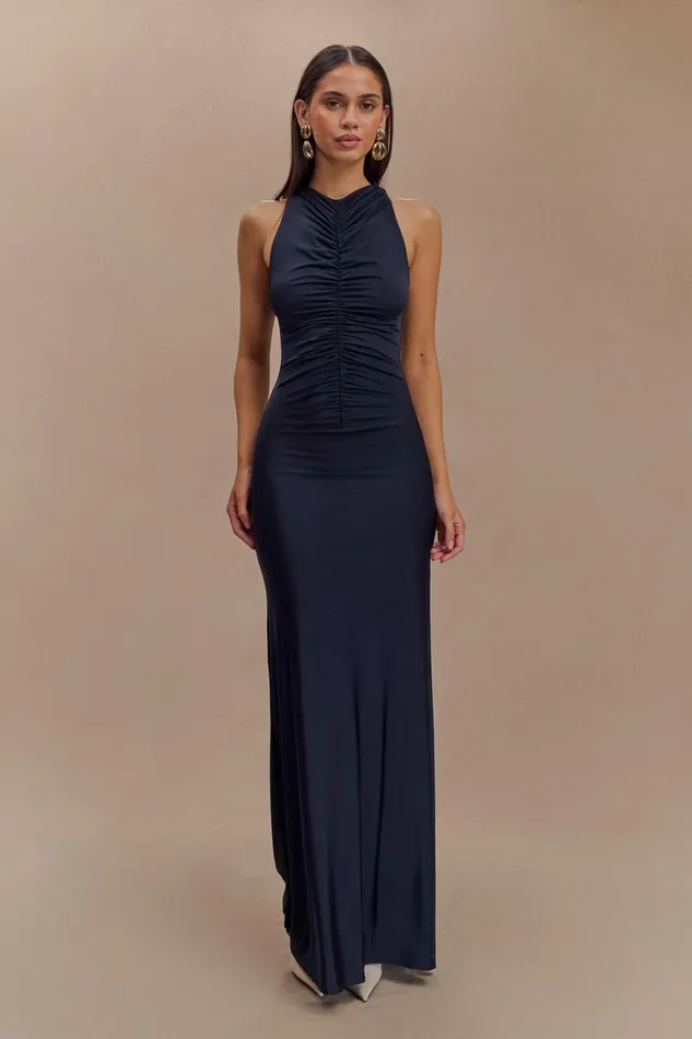 Women Meshki Dresses Priya Slinky Ruched Halter Maxi Dress 8211 Navy