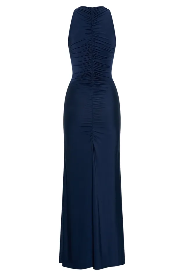 Women Meshki Dresses Priya Slinky Ruched Halter Maxi Dress 8211 Navy