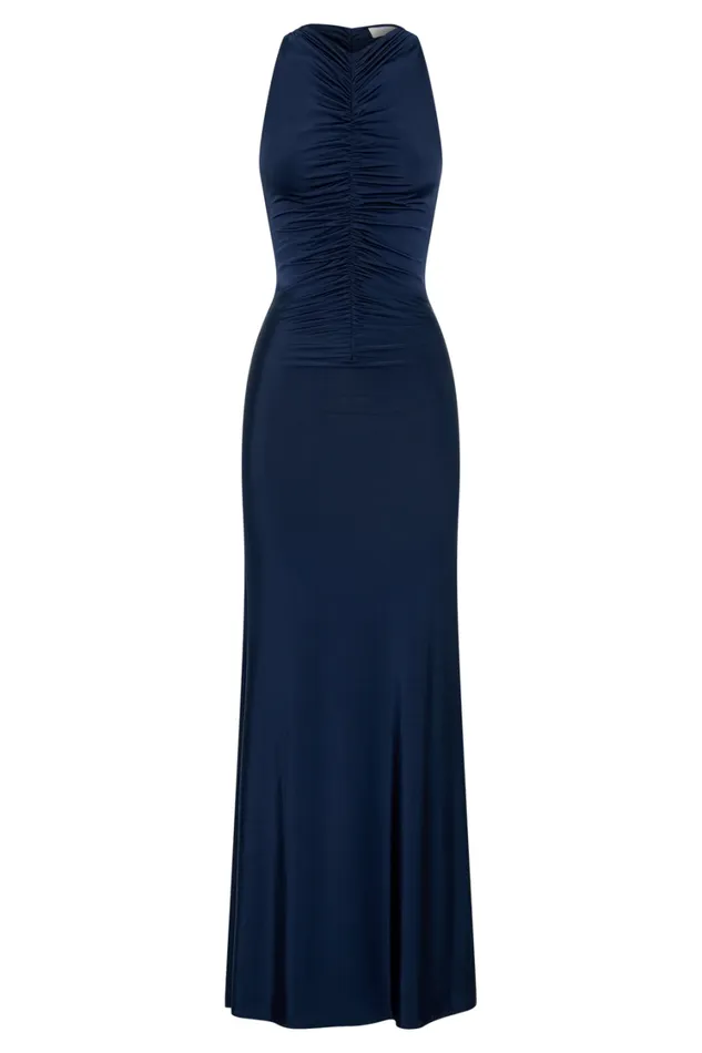 Women Meshki Dresses Priya Slinky Ruched Halter Maxi Dress 8211 Navy