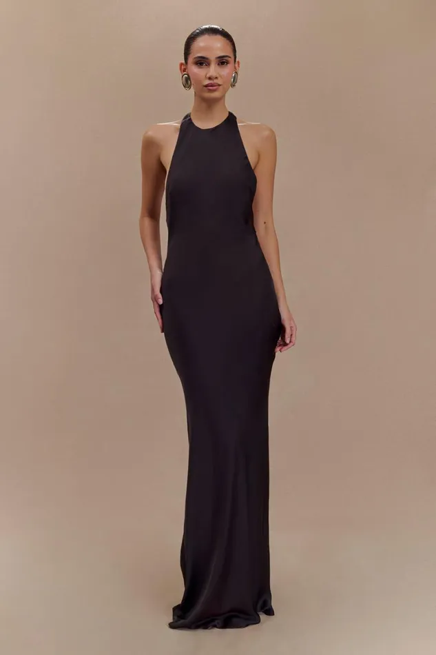Women Meshki Dresses Rinna Satin Halter Maxi Dress 8211 Black