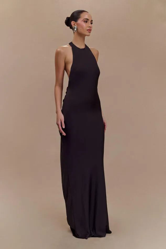 Women Meshki Dresses Rinna Satin Halter Maxi Dress 8211 Black