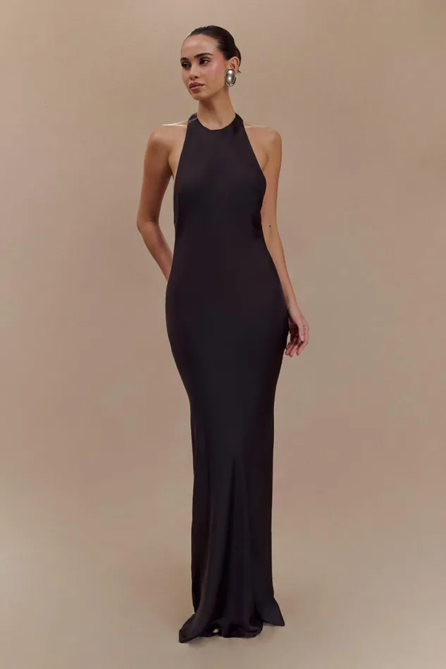 Women Meshki Dresses Rinna Satin Halter Maxi Dress 8211 Black