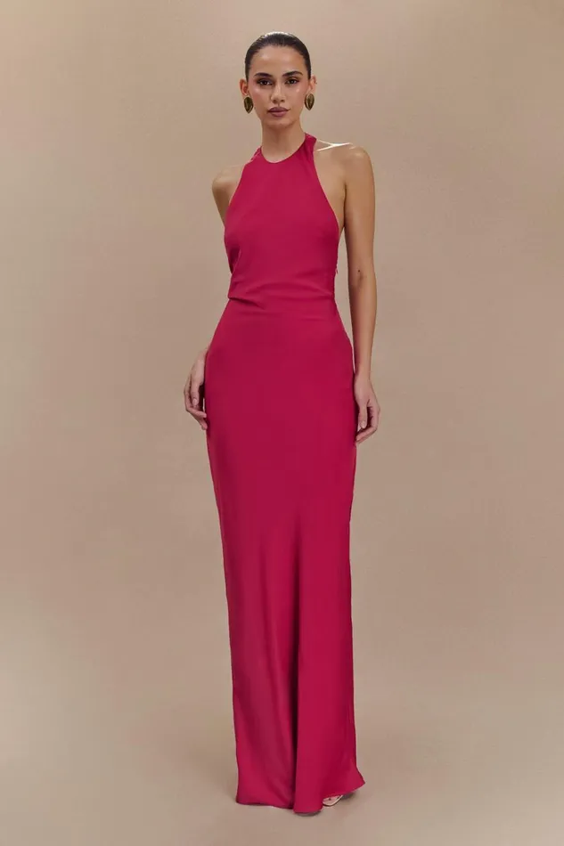 Women Meshki Dresses Rinna Satin Halter Maxi Dress 8211 Pink Cherry