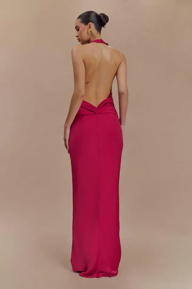 Women Meshki Dresses Rinna Satin Halter Maxi Dress 8211 Pink Cherry