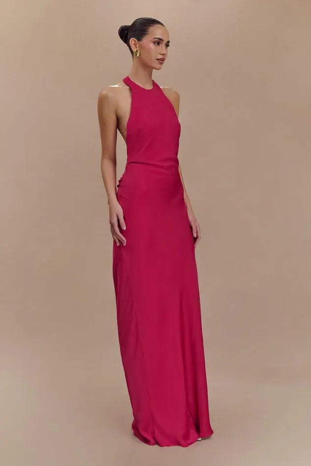 Women Meshki Dresses Rinna Satin Halter Maxi Dress 8211 Pink Cherry