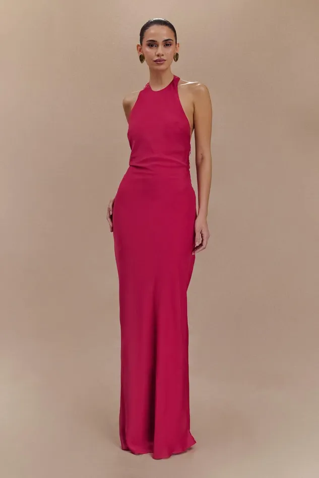 Women Meshki Dresses Rinna Satin Halter Maxi Dress 8211 Pink Cherry