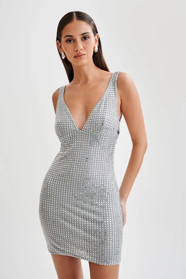 Women Meshki Dresses Ryann Mirrored Diamante Mini Dress 8211 Silver