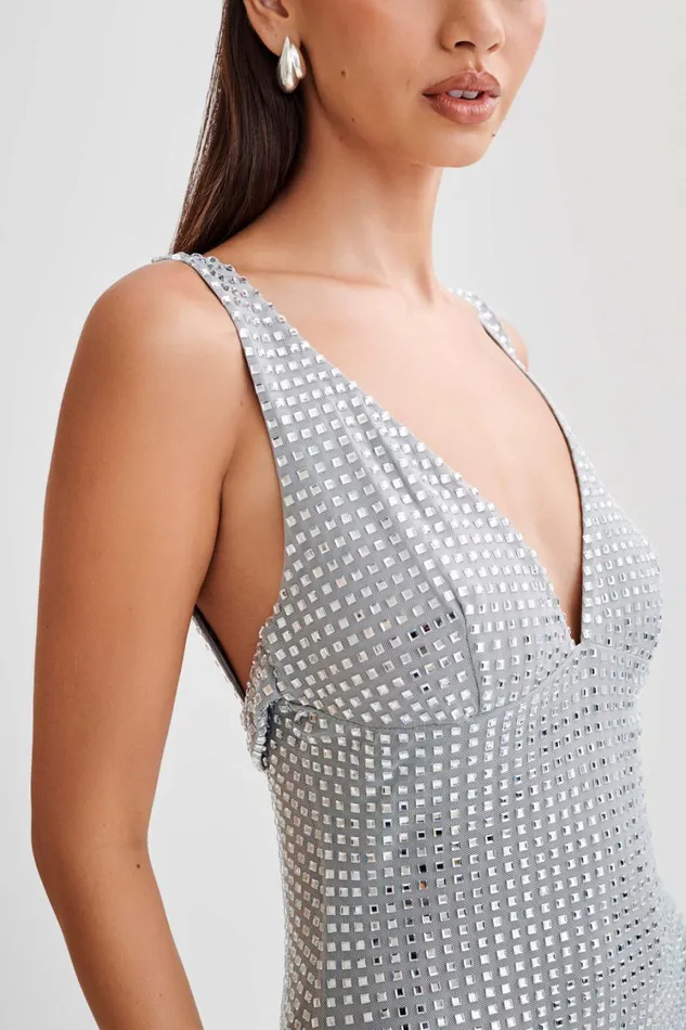 Women Meshki Dresses Ryann Mirrored Diamante Mini Dress 8211 Silver