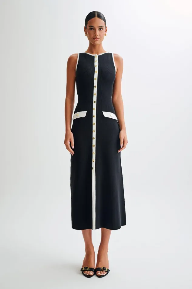 Women Meshki Dresses Sawyer Sleeveless Buttoned Maxi Dress 8211 BlackWhite