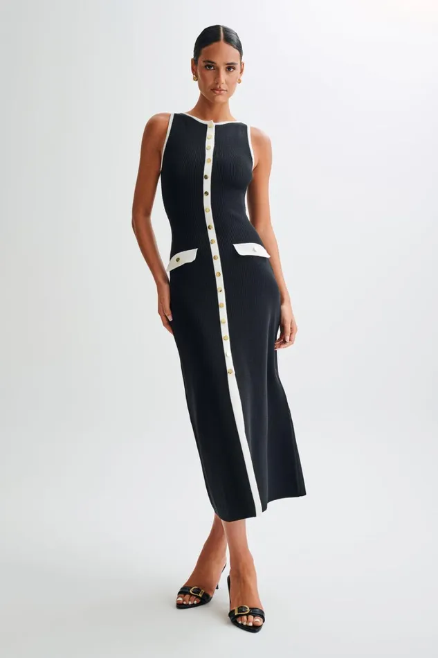 Women Meshki Dresses Sawyer Sleeveless Buttoned Maxi Dress 8211 BlackWhite
