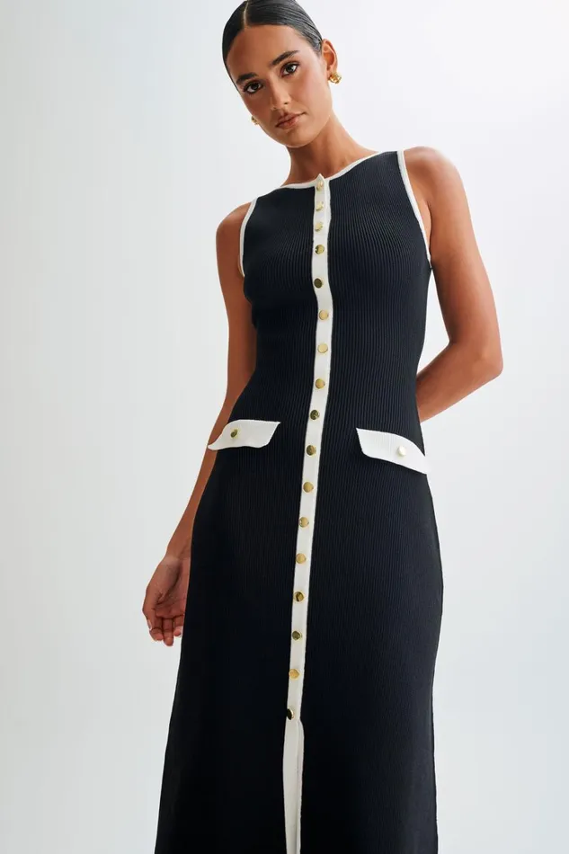 Women Meshki Dresses Sawyer Sleeveless Buttoned Maxi Dress 8211 BlackWhite