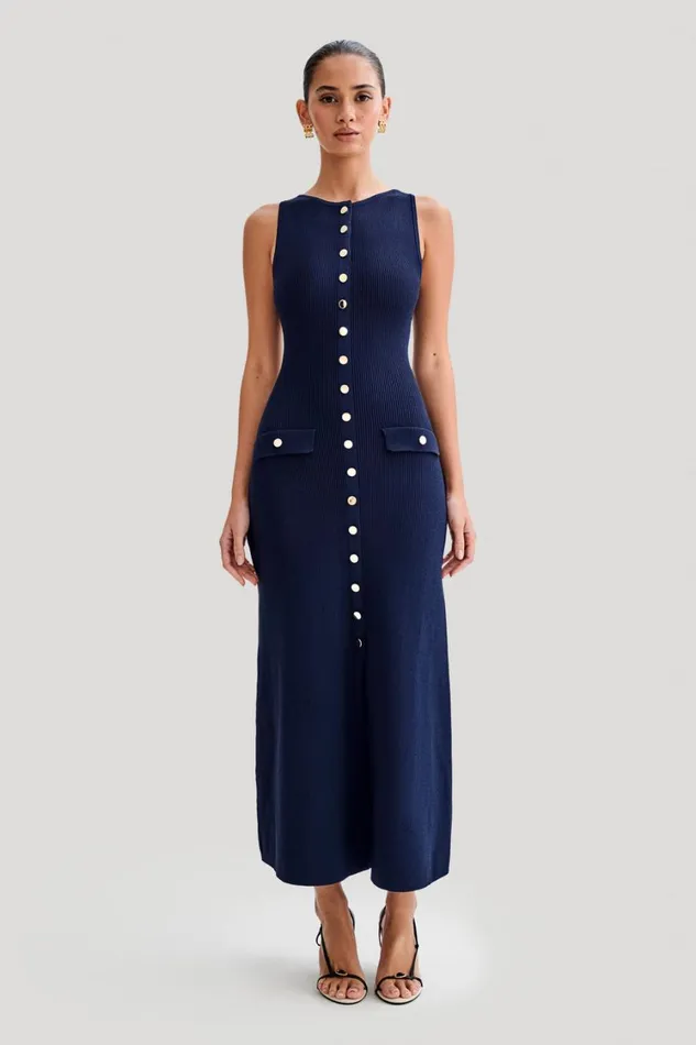 Women Meshki Dresses Sawyer Sleeveless Buttoned Maxi Dress 8211 Navy