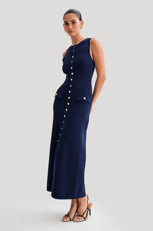Women Meshki Dresses Sawyer Sleeveless Buttoned Maxi Dress 8211 Navy