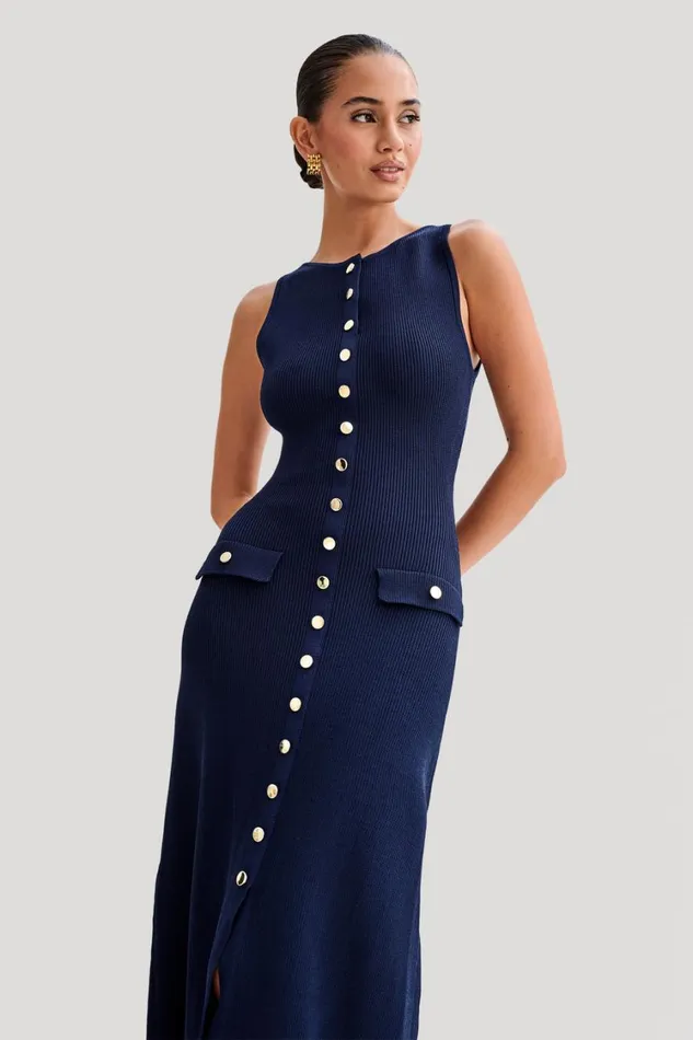 Women Meshki Dresses Sawyer Sleeveless Buttoned Maxi Dress 8211 Navy