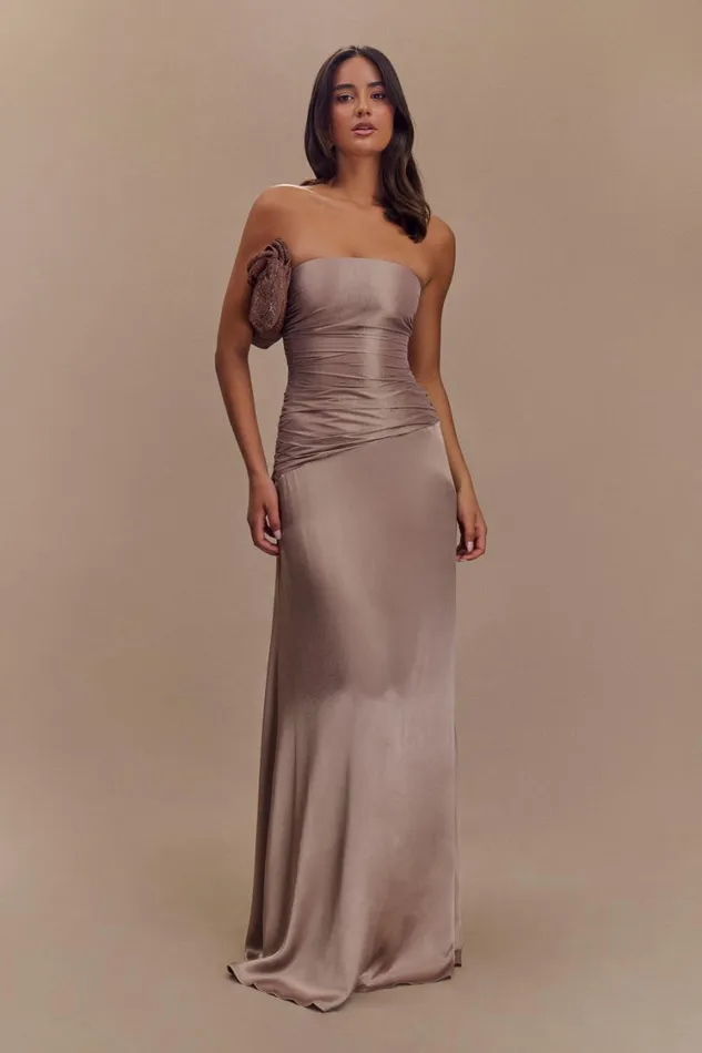 Women Meshki Dresses Serena Strapless Taffeta Maxi Dress 8211 Bronze Taupe