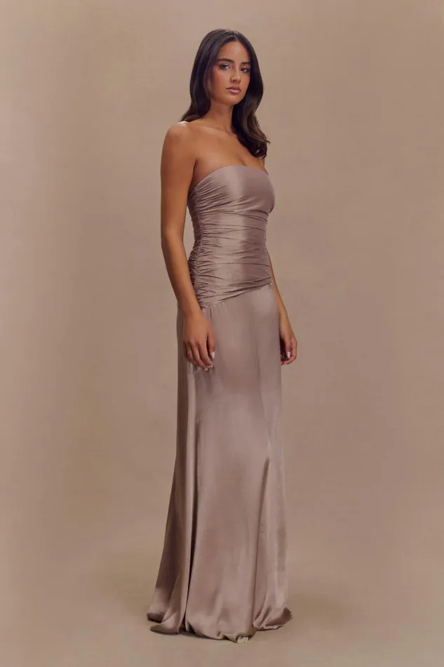 Women Meshki Dresses Serena Strapless Taffeta Maxi Dress 8211 Bronze Taupe