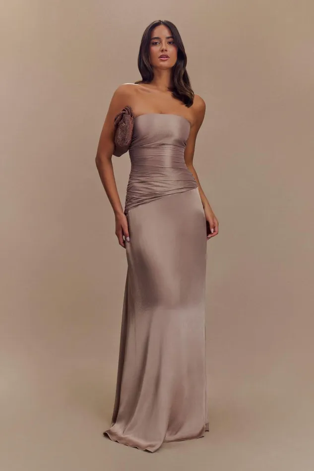Women Meshki Dresses Serena Strapless Taffeta Maxi Dress 8211 Bronze Taupe