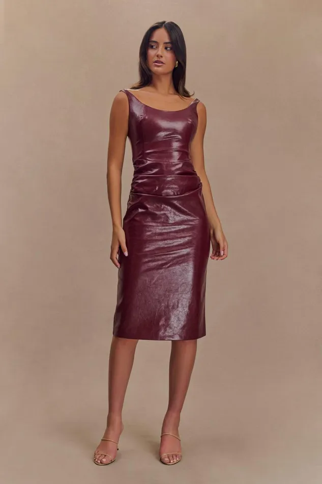 Women Meshki Dresses Sonia Faux Leather Midi Dress 8211 Cherry Red