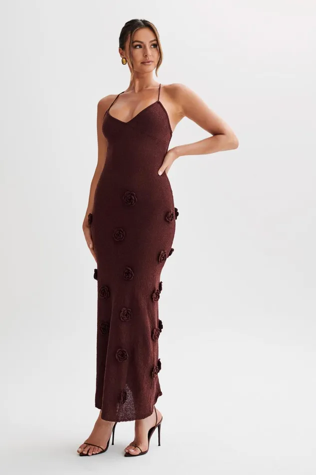 Women Meshki Dresses Suki Knit Maxi Dress With Flowers 8211 Plum