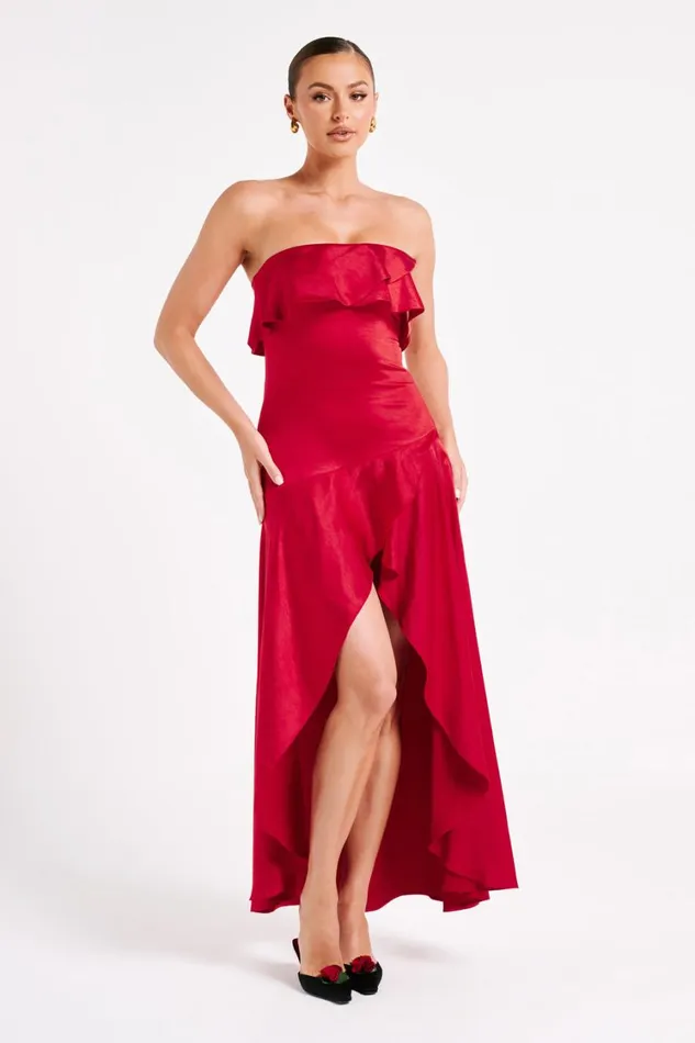 Women Meshki Dresses Sulianna Strapless Ruffle Midi Dress 8211 Vermilion Red