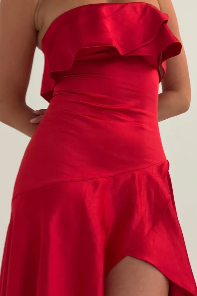 Women Meshki Dresses Sulianna Strapless Ruffle Midi Dress 8211 Vermilion Red