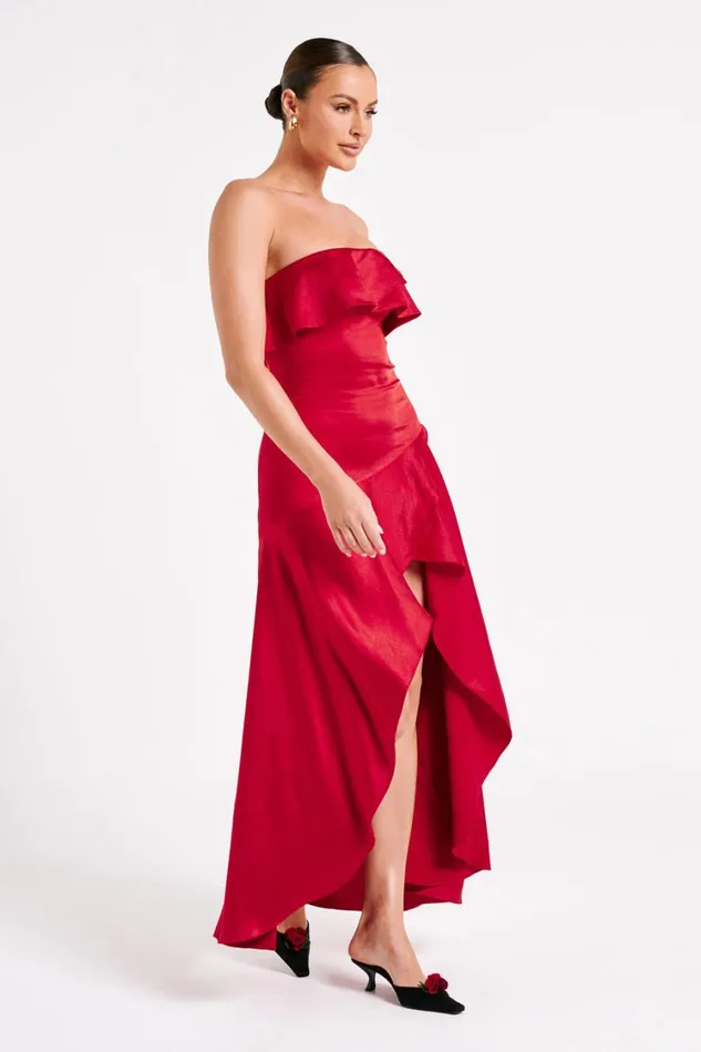 Women Meshki Dresses Sulianna Strapless Ruffle Midi Dress 8211 Vermilion Red