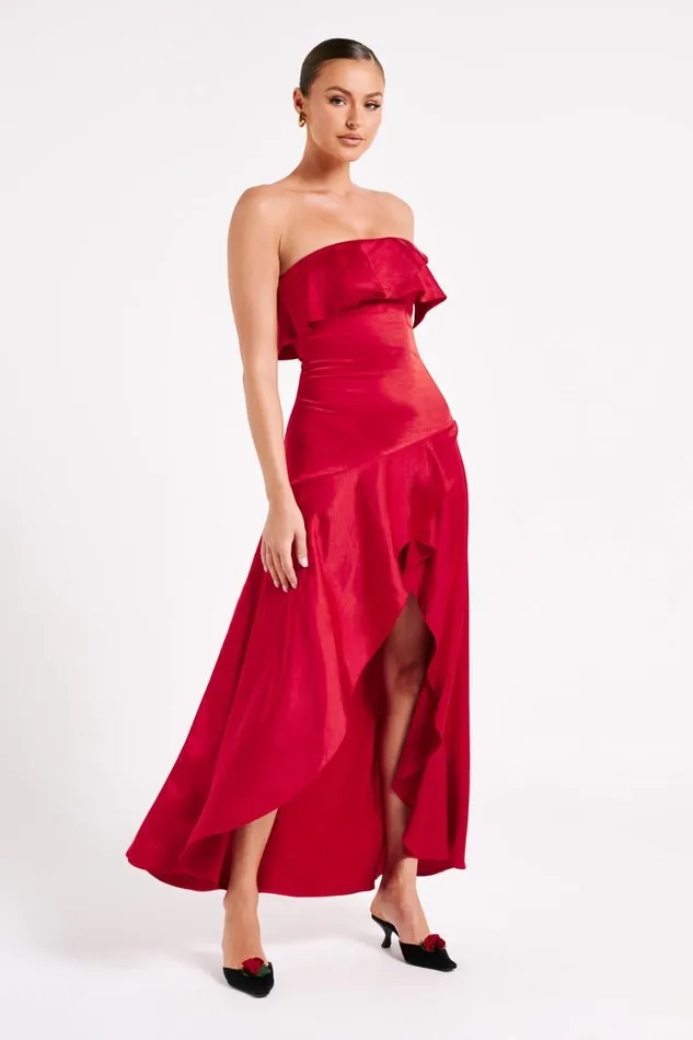 Women Meshki Dresses Sulianna Strapless Ruffle Midi Dress 8211 Vermilion Red