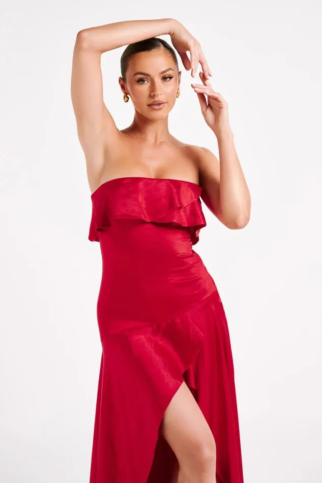 Women Meshki Dresses Sulianna Strapless Ruffle Midi Dress 8211 Vermilion Red