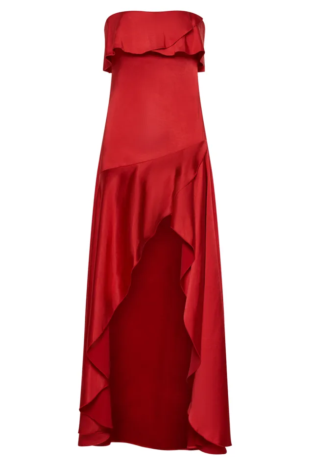 Women Meshki Dresses Sulianna Strapless Ruffle Midi Dress 8211 Vermilion Red