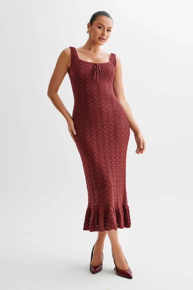 Women Meshki Dresses Sylvie Frill Knit Midi Dresses 8211 Wine