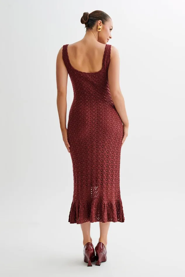 Women Meshki Dresses Sylvie Frill Knit Midi Dresses 8211 Wine