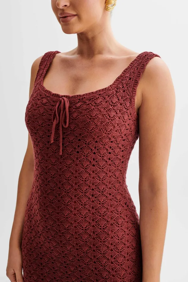 Women Meshki Dresses Sylvie Frill Knit Midi Dresses 8211 Wine