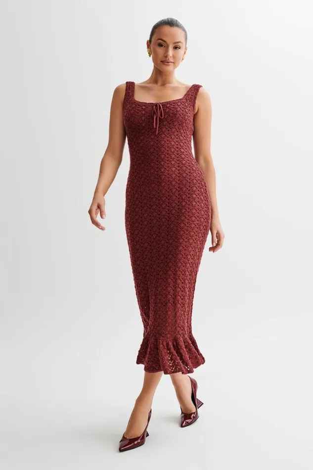 Women Meshki Dresses Sylvie Frill Knit Midi Dresses 8211 Wine