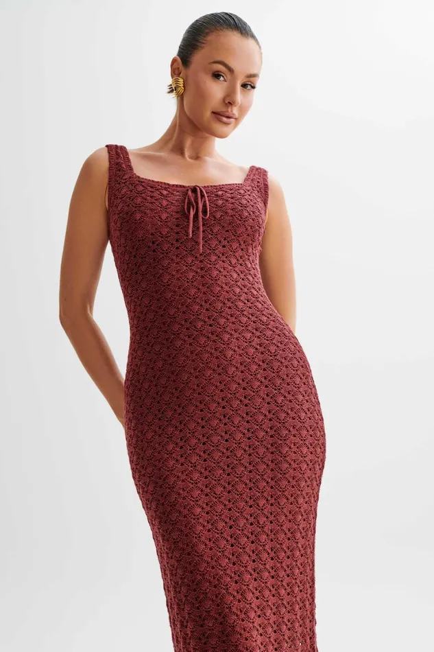 Women Meshki Dresses Sylvie Frill Knit Midi Dresses 8211 Wine