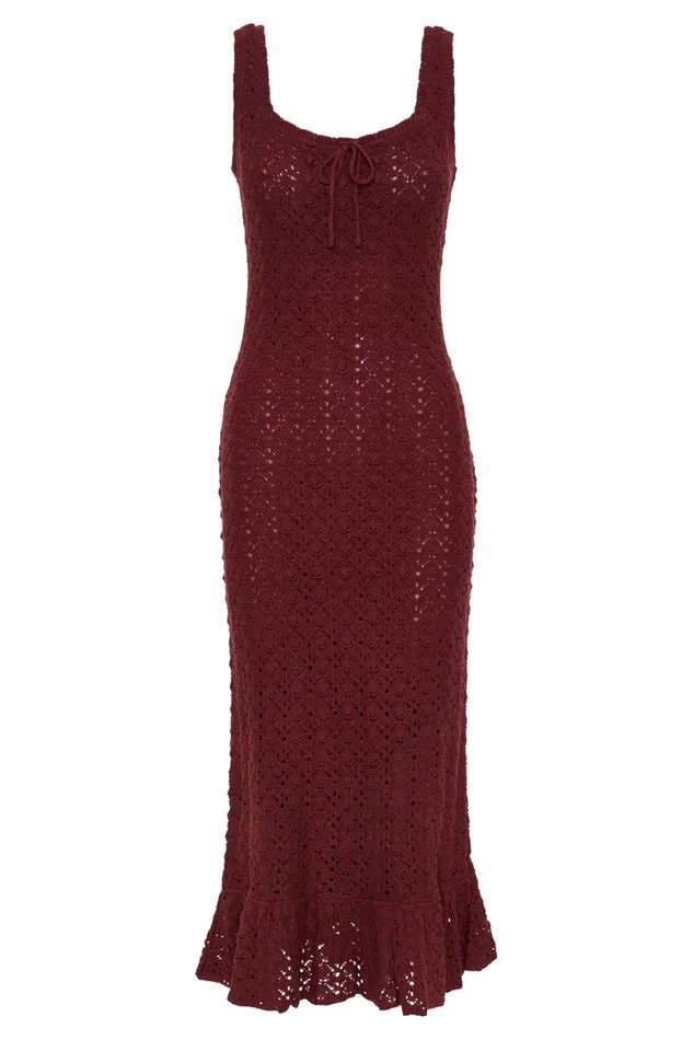 Women Meshki Dresses Sylvie Frill Knit Midi Dresses 8211 Wine