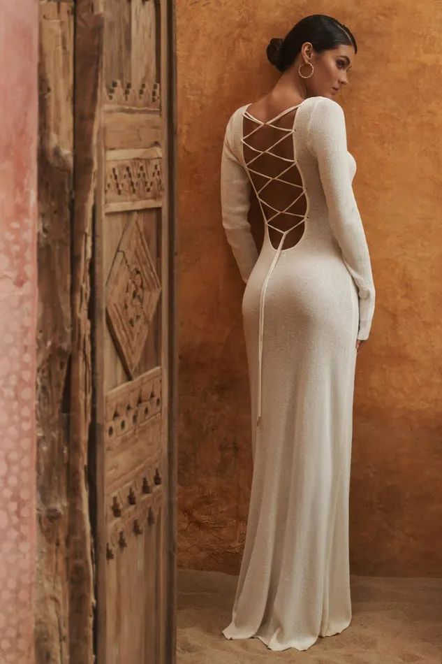Women Meshki Dresses Talia Maxi Open Back Knit Dress 8211 Ivory