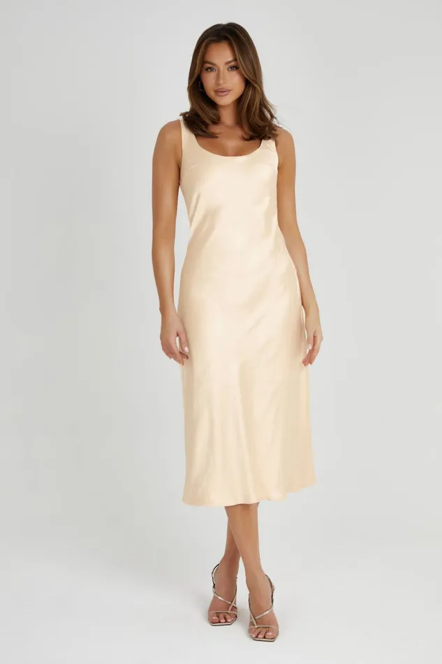 Women Meshki Dresses Tamara Satin Iridescent Slip Midi Dress 8211 Apricot