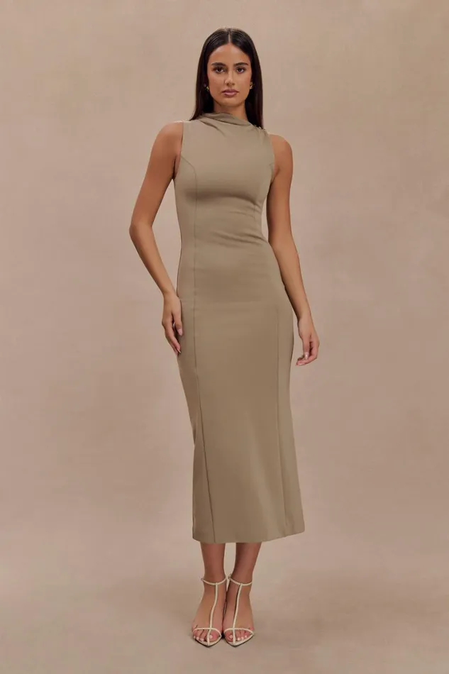 Women Meshki Dresses Taylor Draped Stretch Crepe Midi Dress 8211 Mushroom