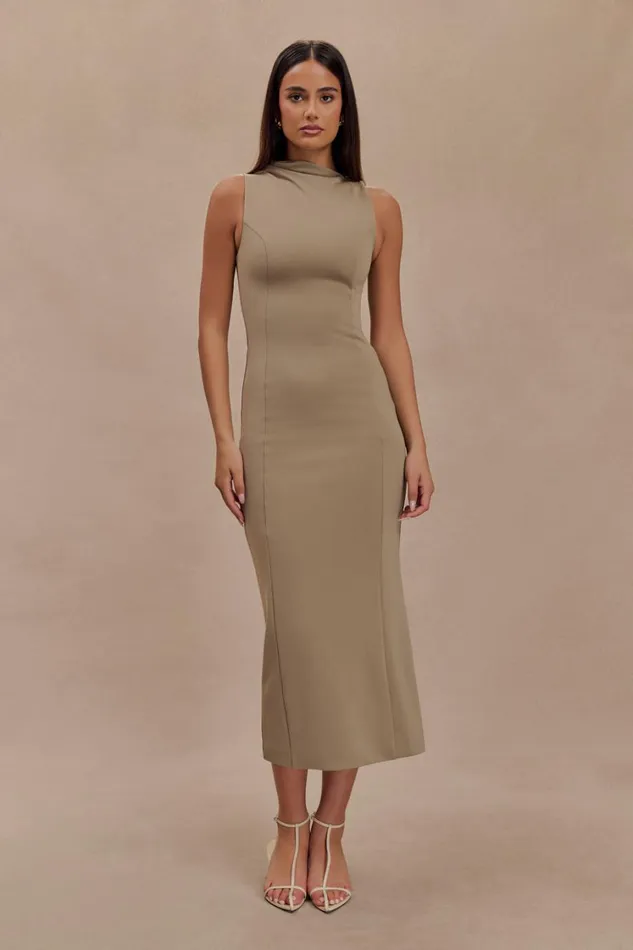 Women Meshki Dresses Taylor Draped Stretch Crepe Midi Dress 8211 Mushroom