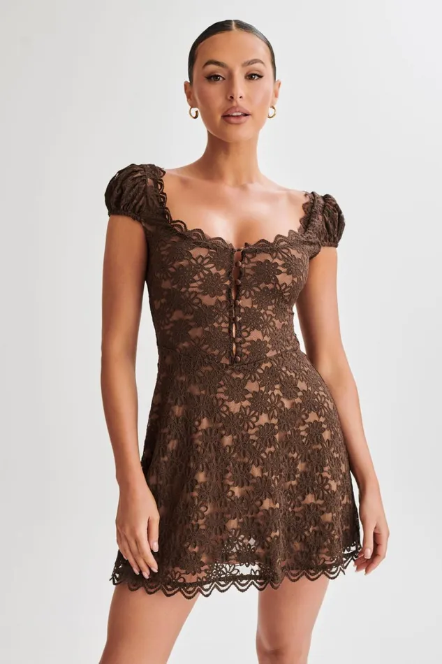 Women Meshki Dresses Temperance Lace ALine Mini Dress 8211 Chocolate