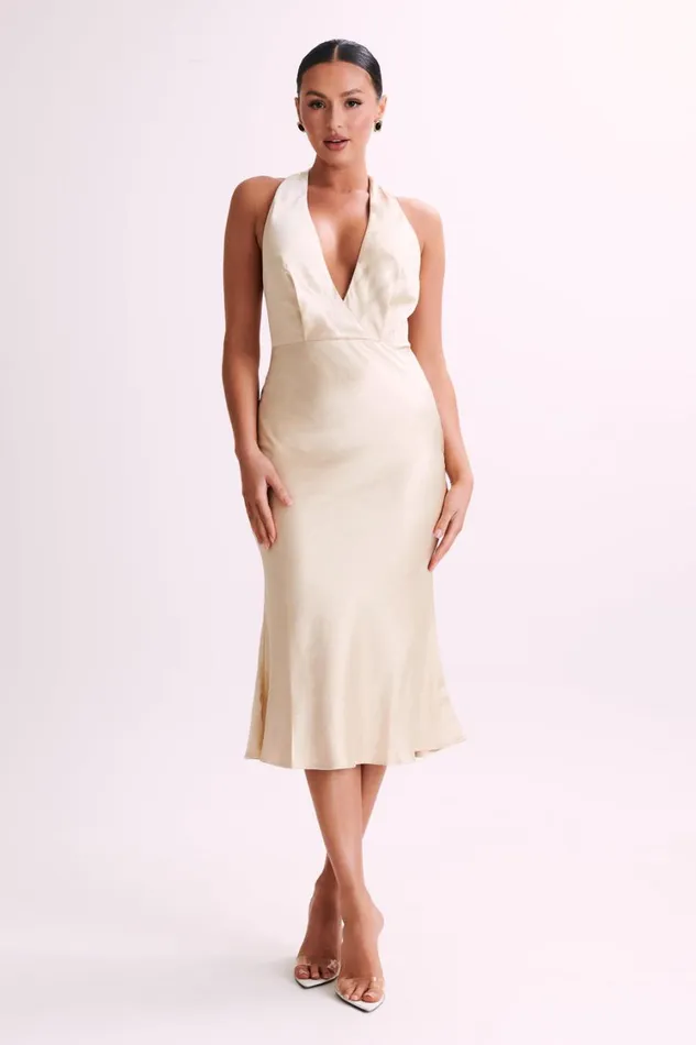 Women Meshki Dresses Terri Satin Cowl Midi Dress 8211 Gold