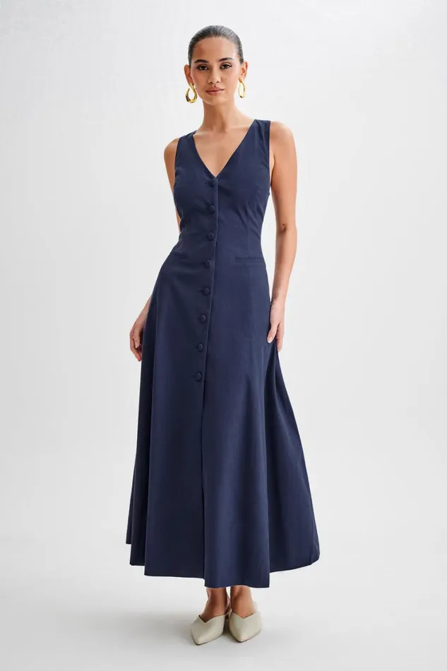 Women Meshki Dresses Theodora Cotton Buttoned Midi Dress 8211 Navy